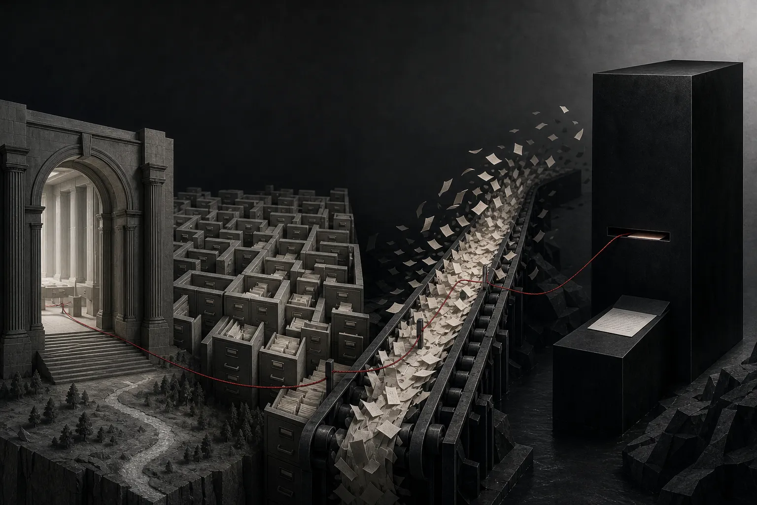 Concept image: four generations of information gateways, from a portal arch and a maze of filing cabinets to a conveyor of feeds and a black monolith that outputs a single page