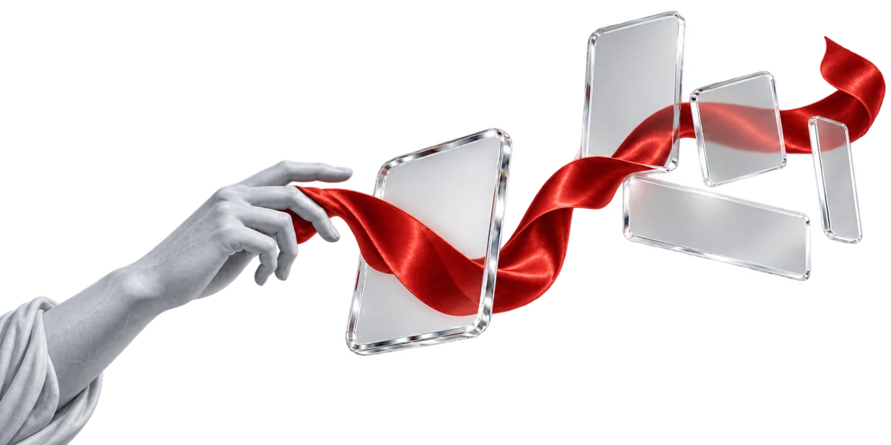 A marble hand guides red silk through glass panels in different formats.